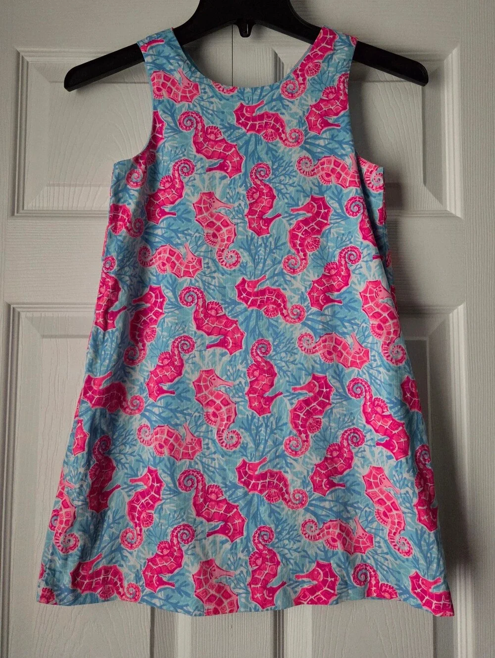 Tommy Bahama Girls Pink Seahorse Print Dress with Light Blue Background Size 7